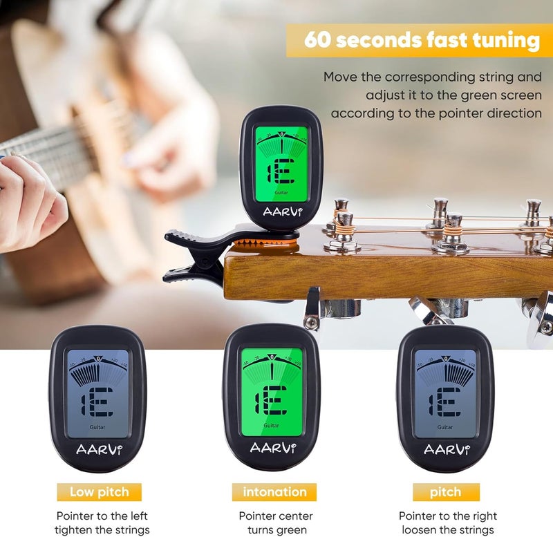 Aarvi Clip On Guitar Tuner for All Instruments, Acoustic/Electric Guitar, Ukulele, Bass, Violin, Banjo, Large Clear LCD Display for Guitar Tuning, Chromatic Tuner, 4 Pack Guitar Picks Included - Image 4